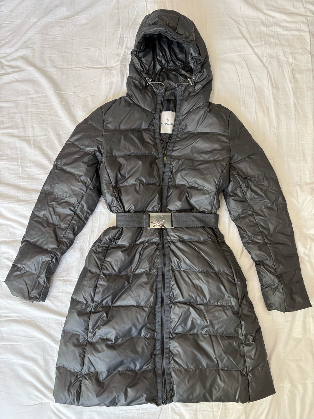 Moncler Dark Gray Hooded Down Coat with Belt